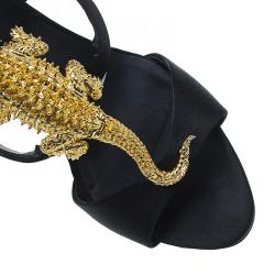 Pre Owned Giuseppe Zanotti Black Satin and Leather Alligator Embellished Sandals Size 38.5