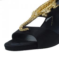 Pre Owned Giuseppe Zanotti Black Satin and Leather Alligator Embellished Sandals Size 38.5