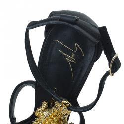 Pre Owned Giuseppe Zanotti Black Satin and Leather Alligator Embellished Sandals Size 38.5