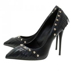 Pre Owned حذاء كعب عال جوسيبي زانوتي ترصيعات وشراشيب جلد أسود مقاس 38.5