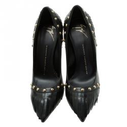 Pre Owned حذاء كعب عال جوسيبي زانوتي ترصيعات وشراشيب جلد أسود مقاس 38.5