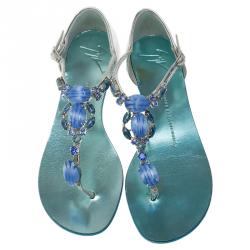 مملوكة مسبقًا صندل فلات جوسيبي زانوتي ميتاليك تركواز مرصع مقاس 37