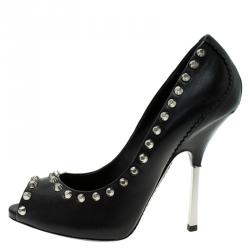 مملوكة مسبقًا Giuseppe Zanotti Black Leather Studded Peep Toe Pumps Size 38.5