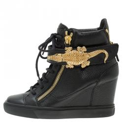 Pre Owned Giuseppe Zanotti Black Leather Alligator Detail Wedge Sneakers Size 38