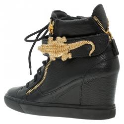 Pre Owned Giuseppe Zanotti Black Leather Alligator Detail Wedge Sneakers Size 38