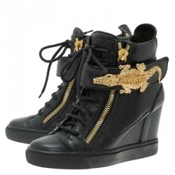 Pre Owned Giuseppe Zanotti Black Leather Alligator Detail Wedge Sneakers Size 38