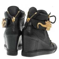 Pre Owned Giuseppe Zanotti Black Leather Alligator Detail Wedge Sneakers Size 38