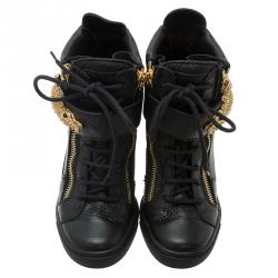 Pre Owned Giuseppe Zanotti Black Leather Alligator Detail Wedge Sneakers Size 38