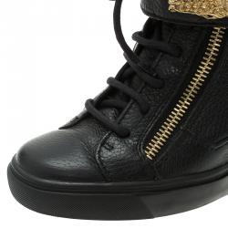Pre Owned Giuseppe Zanotti Black Leather Alligator Detail Wedge Sneakers Size 38