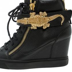 Pre Owned Giuseppe Zanotti Black Leather Alligator Detail Wedge Sneakers Size 38