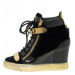 Pre Owned Giuseppe Zanotti Black Leather and Blue Velvet Coby Wedge Sneakers Size 38.5
