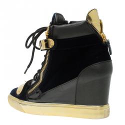 Pre Owned Giuseppe Zanotti Black Leather and Blue Velvet Coby Wedge Sneakers Size 38.5