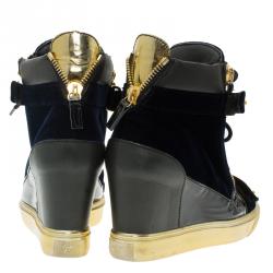 Pre Owned Giuseppe Zanotti Black Leather and Blue Velvet Coby Wedge Sneakers Size 38.5