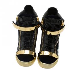Pre Owned Giuseppe Zanotti Black Leather and Blue Velvet Coby Wedge Sneakers Size 38.5