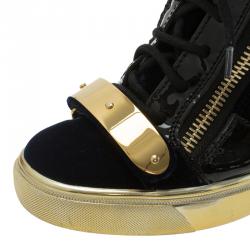Pre Owned Giuseppe Zanotti Black Leather and Blue Velvet Coby Wedge Sneakers Size 38.5