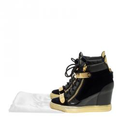 Pre Owned Giuseppe Zanotti Black Leather and Blue Velvet Coby Wedge Sneakers Size 38.5