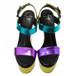 مملوكة مسبقًا صندل جوسيبي زانوتي جلد ميتاليك بألوان متعددة نعل سميك كعب روكي مقاس 36