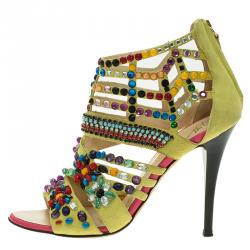 Pre Owned Giuseppe Zanotti Yellow Beaded Suede Back Zip Sandals Size 36