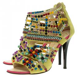 Pre Owned Giuseppe Zanotti Yellow Beaded Suede Back Zip Sandals Size 36