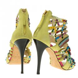 Pre Owned Giuseppe Zanotti Yellow Beaded Suede Back Zip Sandals Size 36