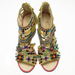 Pre Owned Giuseppe Zanotti Yellow Beaded Suede Back Zip Sandals Size 36
