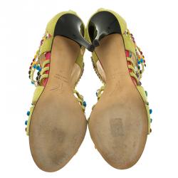 Pre Owned Giuseppe Zanotti Yellow Beaded Suede Back Zip Sandals Size 36