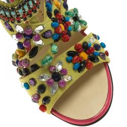 Pre Owned Giuseppe Zanotti Yellow Beaded Suede Back Zip Sandals Size 36