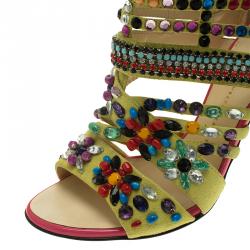 Pre Owned Giuseppe Zanotti Yellow Beaded Suede Back Zip Sandals Size 36