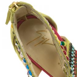 Pre Owned Giuseppe Zanotti Yellow Beaded Suede Back Zip Sandals Size 36