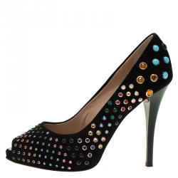 Pre Owned حذاء كعب عالي جوسيبي زانوتي سويدي أسود مرصع مقدمة مفتوحة نعل سميك مقاس 37