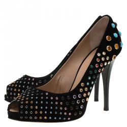 Pre Owned حذاء كعب عالي جوسيبي زانوتي سويدي أسود مرصع مقدمة مفتوحة نعل سميك مقاس 37