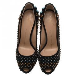 Pre Owned حذاء كعب عالي جوسيبي زانوتي سويدي أسود مرصع مقدمة مفتوحة نعل سميك مقاس 37