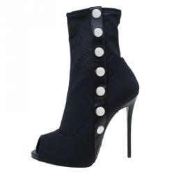 Pre Owned Giuseppe Zanotti Black Studded Canvas and Leather Peep Toe Ankle Boots Size 39