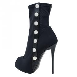 Pre Owned Giuseppe Zanotti Black Studded Canvas and Leather Peep Toe Ankle Boots Size 39