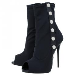 Pre Owned Giuseppe Zanotti Black Studded Canvas and Leather Peep Toe Ankle Boots Size 39