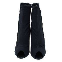 Pre Owned Giuseppe Zanotti Black Studded Canvas and Leather Peep Toe Ankle Boots Size 39