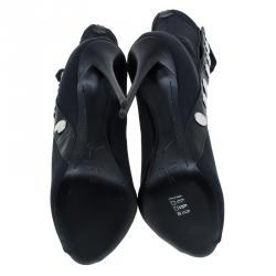 Pre Owned Giuseppe Zanotti Black Studded Canvas and Leather Peep Toe Ankle Boots Size 39