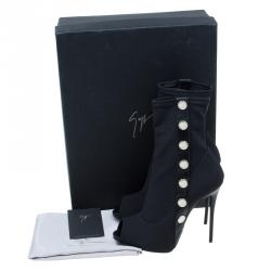 Pre Owned Giuseppe Zanotti Black Studded Canvas and Leather Peep Toe Ankle Boots Size 39