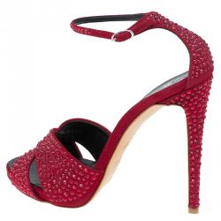 مملوكة مسبقًا Giuseppe Zanotti Red Suede Crystal Embellished Ankle Strap Sandals Size 38.5