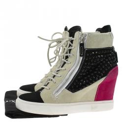 Pre Owned Giuseppe Zanotti Multicolor Embellished Suede Wedge Sneakers Size 40