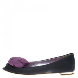 Pre Owned Guissepe Zanotti Black and Purple Satin Rose Detail Peep Toe Ballet Flats Size 37