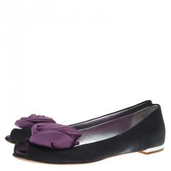 Pre Owned Guissepe Zanotti Black and Purple Satin Rose Detail Peep Toe Ballet Flats Size 37