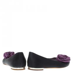 Pre Owned Guissepe Zanotti Black and Purple Satin Rose Detail Peep Toe Ballet Flats Size 37