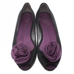 Pre Owned Guissepe Zanotti Black and Purple Satin Rose Detail Peep Toe Ballet Flats Size 37