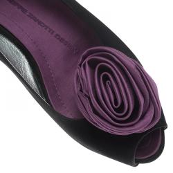 Pre Owned Guissepe Zanotti Black and Purple Satin Rose Detail Peep Toe Ballet Flats Size 37