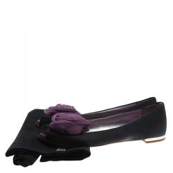 Pre Owned Guissepe Zanotti Black and Purple Satin Rose Detail Peep Toe Ballet Flats Size 37