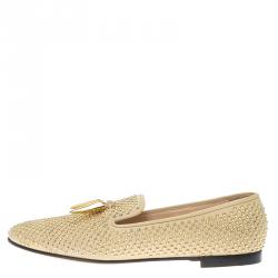 Pre Owned Giuseppe Zanotti Beige Studded Leather Lucia Shark Tooth Smoking Slippers Size 37