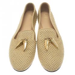 Pre Owned Giuseppe Zanotti Beige Studded Leather Lucia Shark Tooth Smoking Slippers Size 37