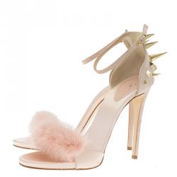 Pre Owned Giuseppe Zanotti Light Pink Suede and Fur Spiked Ankle Strap Sandals Size 39