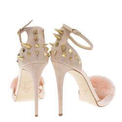 Pre Owned Giuseppe Zanotti Light Pink Suede and Fur Spiked Ankle Strap Sandals Size 39